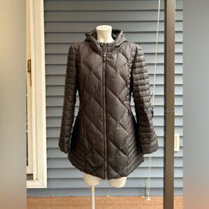 Andrew Marc Womens Brown Quilted Down Filled Hooded Mid Length Puffer Coat~L~